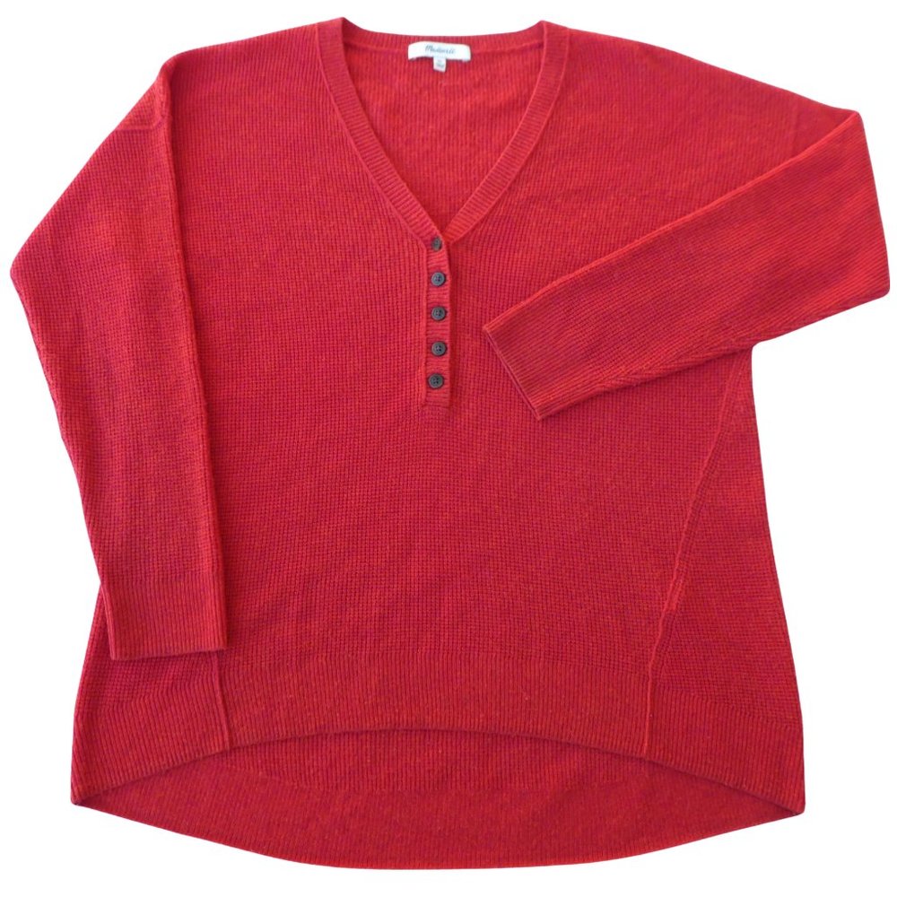 WooL ALPaCa Madewell Asherton Sweater Red Waffle Henley V Neck Curved Hem XS